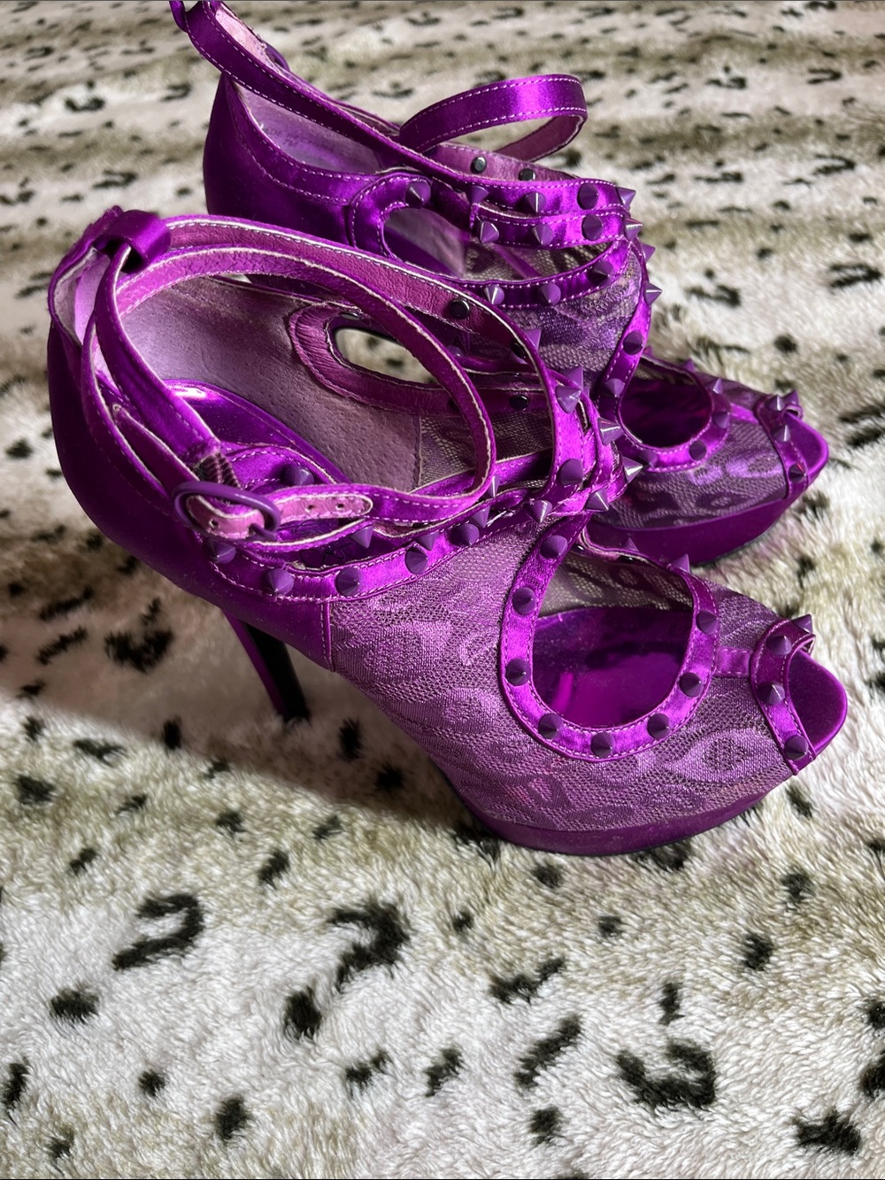 Jessica Simpson Metallic Purple Lace Peep-Toe Heels with Studded Straps - Picture 2 of 6